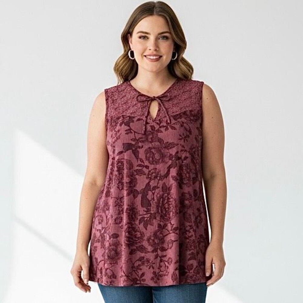 Torrid Burgundy Floral Crochet & Textured Knit Sleeveless Tunic Top Tank Sz 2X